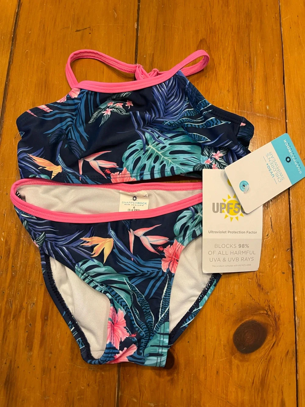 Snapper Rock Girls Navy Tropical Floral Two-Piece Bikini with Pink Trim